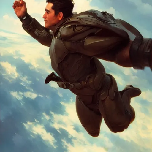 Image similar to a man flying through the sky. photorealistic. realism. 4 k wideshot. cinematic. unreal engine. masterpiece. rule of thirds. beautiful. artgerm. marc simonetti. jc leyendecker