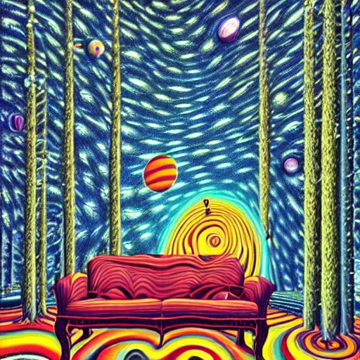Prompt: psychedelic trippy swirl, pine forest, planets, milky way, sofa, cartoon by rob gonsalves