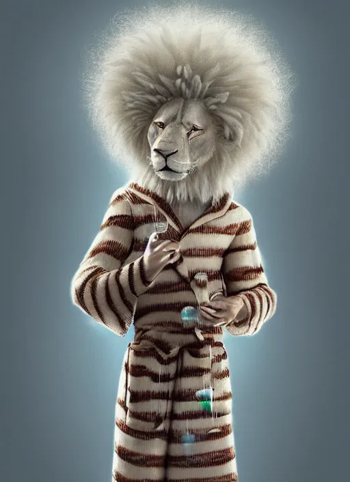 Image similar to an anthropomorphic beautiful male furry anthro albino lion portrait blowing bubbles wearing stripes robe, curly hair, fine art, award winning, intricate, elegant, sharp focus, octane render, hyperrealistic, cinematic lighting, highly detailed, digital painting, 8 k concept art, art by jamie hewlett and z. w. gu, masterpiece, trending on artstation, 8 k