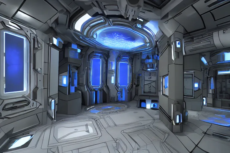 Image similar to futuristic tardis interior stylized like portal 2