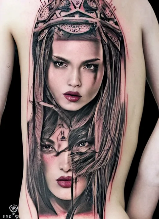 Image similar to tattoo design of a hyper - realistic beautiful girl warrior, hyper detailed, in the design of eliot kohek, white background