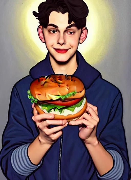 Image similar to oil painting, teenage jughead jones, wears a light grey crown, and devours a hamburger, intricate, elegant, highly detailed, pinocchio nose, lighting, painting, artstation, smooth, illustration, art by greg rutowski and alphonse mucha