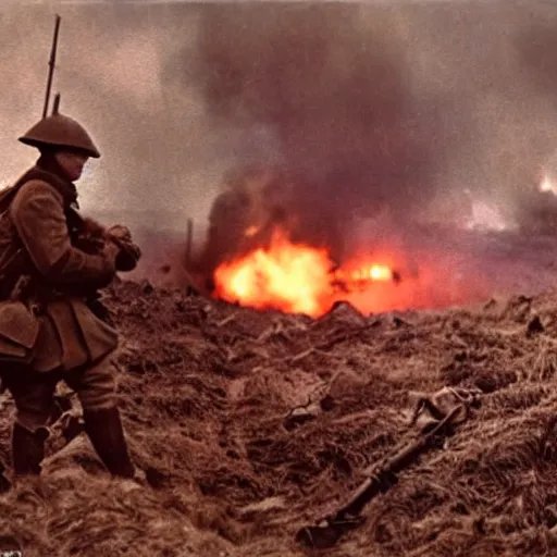 Image similar to 4k cinematic photograph Battle of the Somme 1916