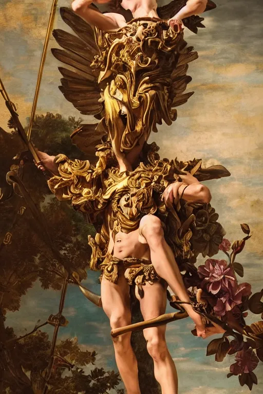 Prompt: a young handsome Spanish prince in a full-body bronze baroque and cyberpunk style statue of Icarus posed like a bird, crown of peach roses, flowing teal-colored silk, fabric, flowers. baroque elements, human skull. full-length view. baroque element. intricate artwork by caravaggio. many many birds birds on background. Trending on artstation, octane render, cinematic lighting from the right, hyper realism, octane render, 8k, depth of field, 3D