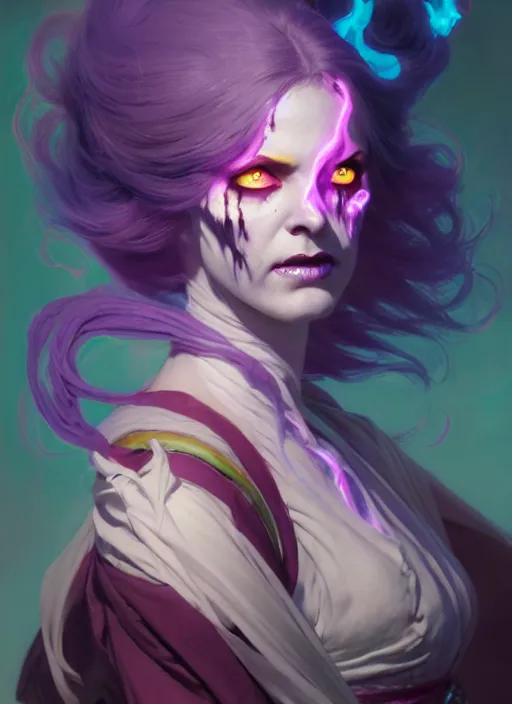 Prompt: side portrait, female undead warlock, gloomhaven, luminescent, colorful swirly magic ripples, pastel colors, by greg manchess, huang guangjian, gil elvgren, sachin teng, greg rutkowski, jesper ejsing, ilya kuvshinov