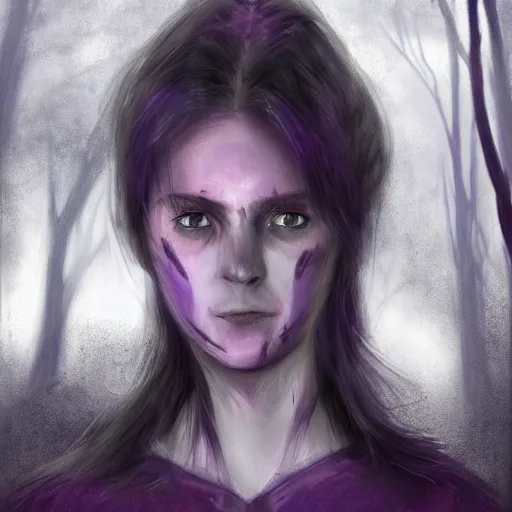 Prompt: head and shoulders portrait of a female knight with a worried expression, scars under her grey eyes. sad and tired eyes, broken neclace. background forest, very dark!, a few thin violet light rays behind her. high detail, artstation top ten, photo in the style of manny librodo.