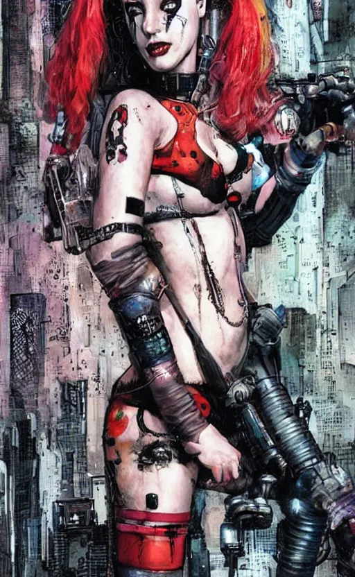 Image similar to a dream portrait of cyberpunk Harley Quinn in post apocalyptic Gotham art by Paul Dini, Travis Charest, Simon Bisley