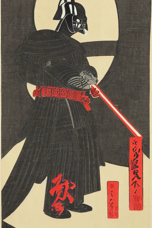 Prompt: Japanese woodblock print of Darth Vader holding a samurai sword , Japanese building and cherry blossom, Hokusai