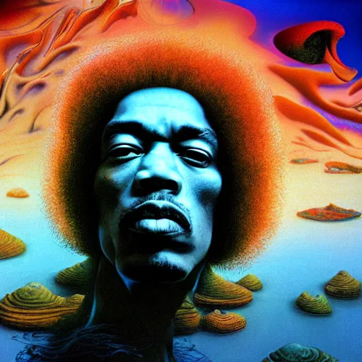 Image similar to ultrawide angle colour masterpiece surreal closeup portrait photography of jimi hendrix playing on stage by miho hirano and annie leibovitz and michael cheval, weird surreal epic psychedelic complex biomorphic 3 d fractal landscape in background by kilian eng and roger dean and salvador dali and beksinski, 8 k