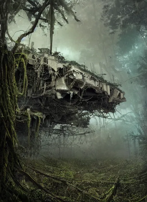 Image similar to decayed aircraft carrier USS Nimitz laying on the ground overgrown with vegetation and hanging vines, post apocalyptic, tropical forest, by Luis Royo, by Greg Rutkowski, low angle shot, dark, gritty, intricate, cover illustration, concept art, volumetric lighting, volumetric atmosphere, sharp focus, octane render, trending on artstation, 8k