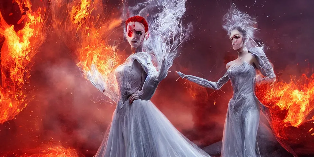 Image similar to extraordinary sensual fairytale princess dress made of fire and ice, snow, fusion, eruption, particles, 3d model, epic scene unreal render depth of focus blur hyper realistic detail Star Wars, fantasy , x-men storm , art behance