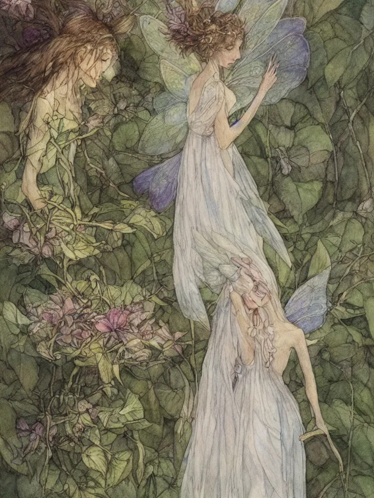 Image similar to annotated study of a flower fairy, illustration, watercolor, alan lee, detailed, pretty, ethereal,