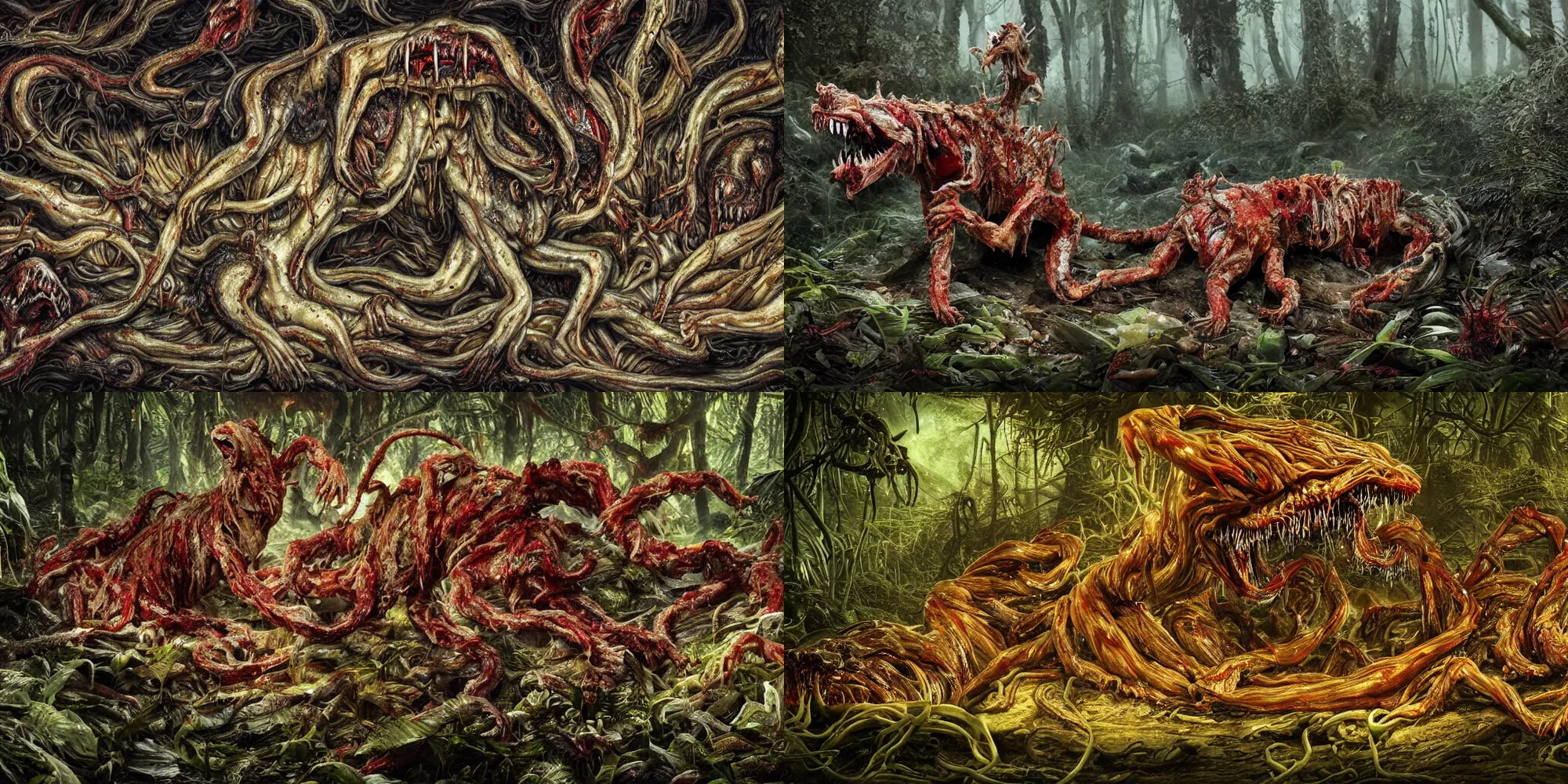 Prompt: an ultra-detailed high-quality photo of twisted animals and hostile tubifex worms melting together, forming a livid amorphous mass of blood-oozing body horror of epic proportions composed of random limbs, jaws full of sharp teeth, patches of fur, glowing eyes, and intestines falling out and slithering, in a deep lush jungle at night, hazy atmosphere