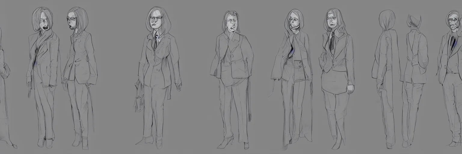 Prompt: female character study of philip seymour hoffman and adolf hitter, evil woman, glasses, clear faces, emotional, character sheet, fine details, concept design, contrast, kim jung gi, pixar and da vinci, trending on artstation, 8 k, full body and head, turnaround, front view, back view, ultra wide angle