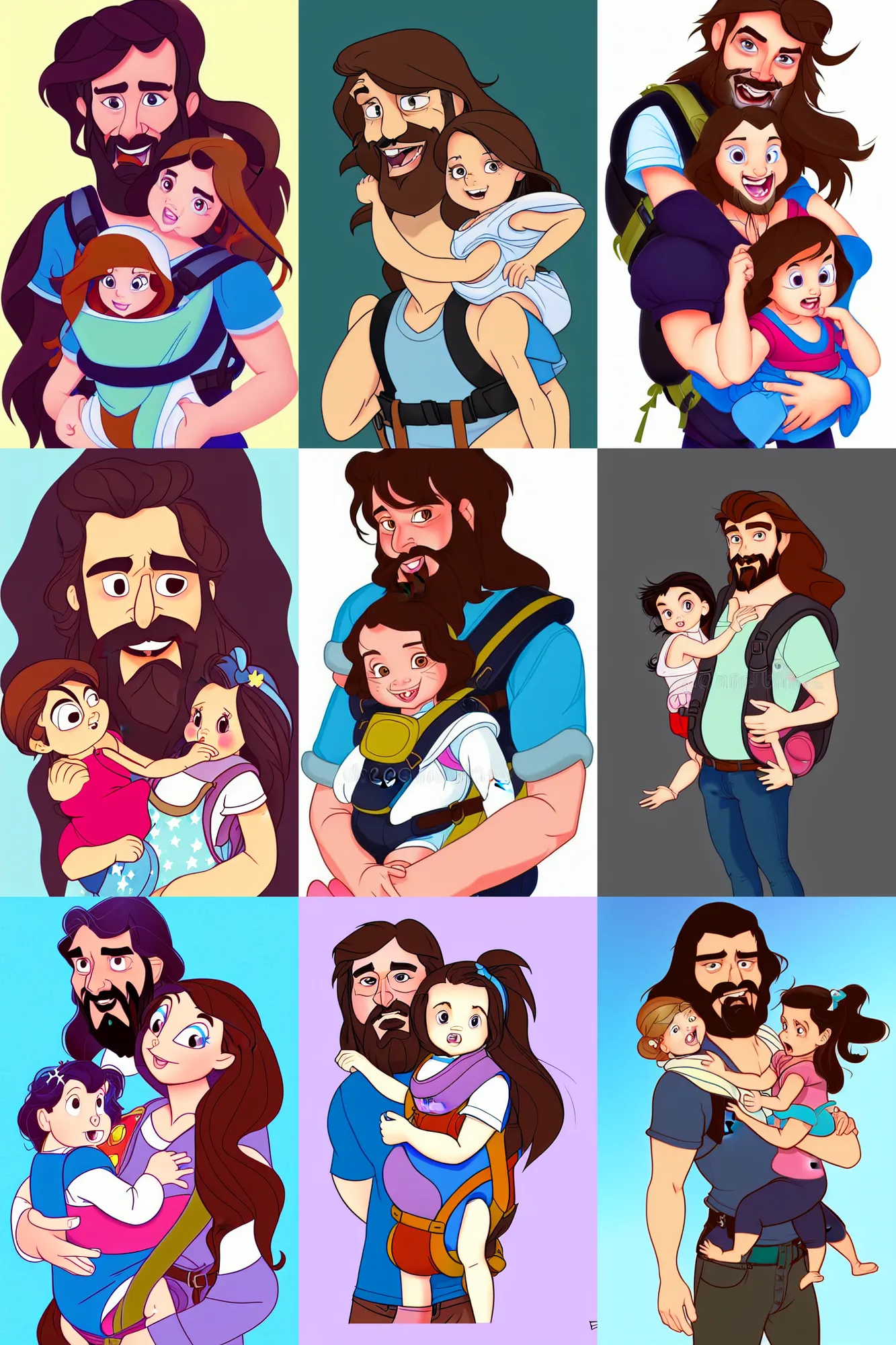 Image similar to a long - haired bearded father and his cartoonish brunette child toddler girl in a baby carrier full color digital illustration in the style of don bluth, artgerm, artstation trending, 4 k