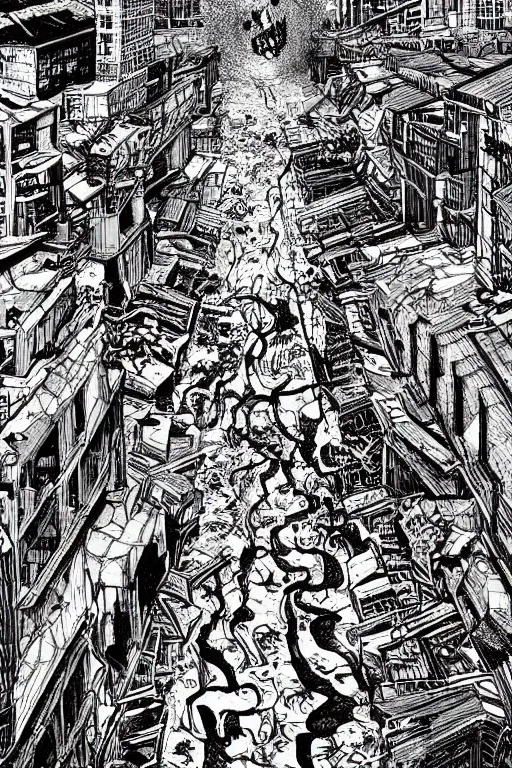 Prompt: the end of the world as we know it, urban city, junji ito illustration, lovecraftian horror, epic composition, full - color