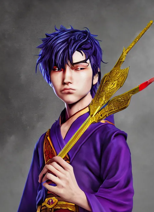 Image similar to An epic fantasy comic book style portrait painting of teenager boy with straight indigo hair, purple eyes with red eye markers, slim body, wearing a detailed Japanese kimono with golden armor pieces, holding a japanese fan. Unreal 5, DAZ, hyperrealistic, octane render, cosplay, RPG portrait, dynamic lighting