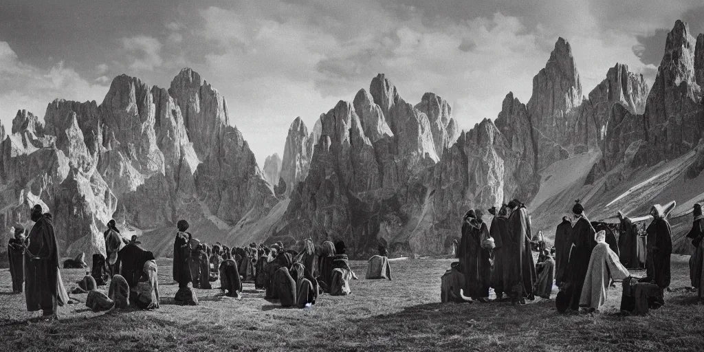 Image similar to 1920s photography of an occult ceremony meeting with dolomites in the background, priests with hay coats and horns, occult signs, wicca, alp, dolomites, alpine, detailed intricate insanely detailed octane render, 8k artistic 1920s photography, photorealistic, black and white, chiaroscuro, hd, by David Cronenberg, Raphael, Caravaggio