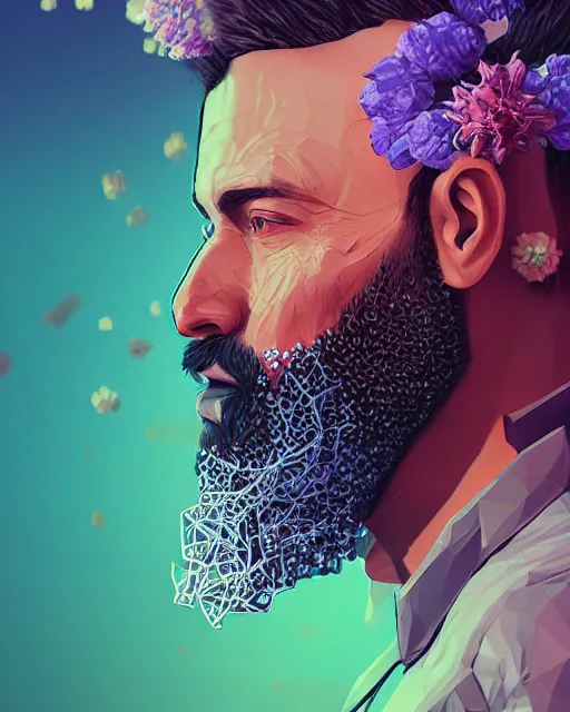 Prompt: a realistic ultradetailed digital painting of a man with flowers in his beard, profile, sharp detail, cyberpunk art by beeple, behance contest winner, retrofuturism, voxel art, # pixelart, dystopian art