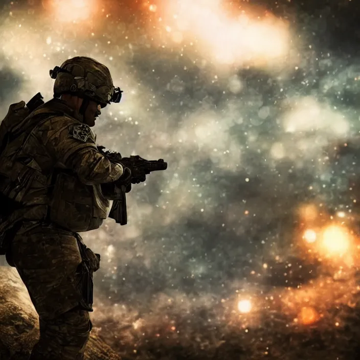 Prompt: cinematic background blur bokeh, beautiful lighting, call of duty ghost soldier looking out into the vastness of space, digital art