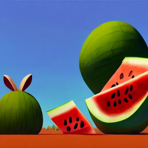 Image similar to Goro Fujita illustrating a rabbit eating a giant watermelon, art by Goro Fujita, sharp focus, highly detailed, ArtStation