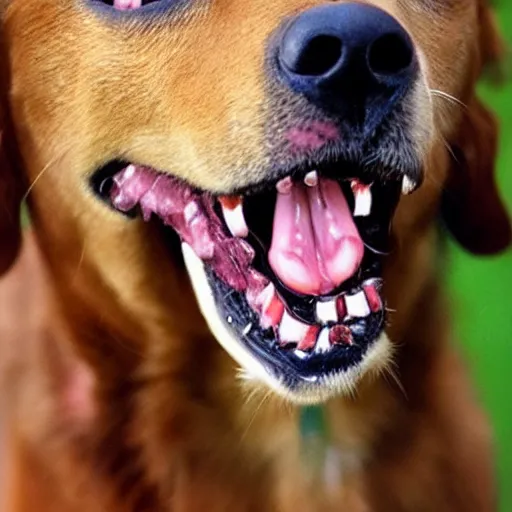 Prompt: a dog opening its mouth to reveal human teeth that are highly detailed, very very realistic human teeth