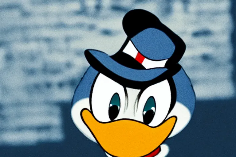 Image similar to donald duck in corner of dark room, smiling, horror