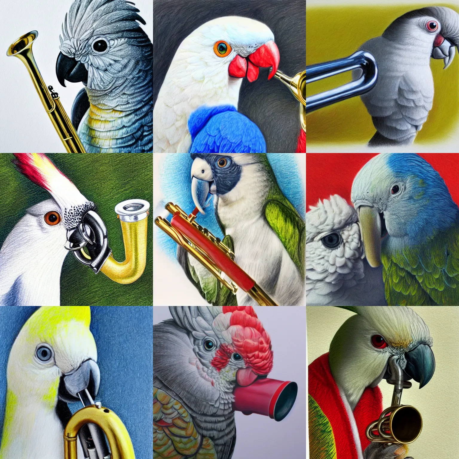 Prompt: coloured pencil portrait of an cockatoo holding a trumpet, close up