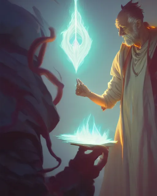 Image similar to highly detailed vfx portrait of an old mage casting a light spell, unreal engine, greg rutkowski, loish, rhads, beeple, makoto shinkai and lois van baarle, ilya kuvshinov, rossdraws, tom bagshaw, alphonse mucha, global illumination, detailed and intricate environment