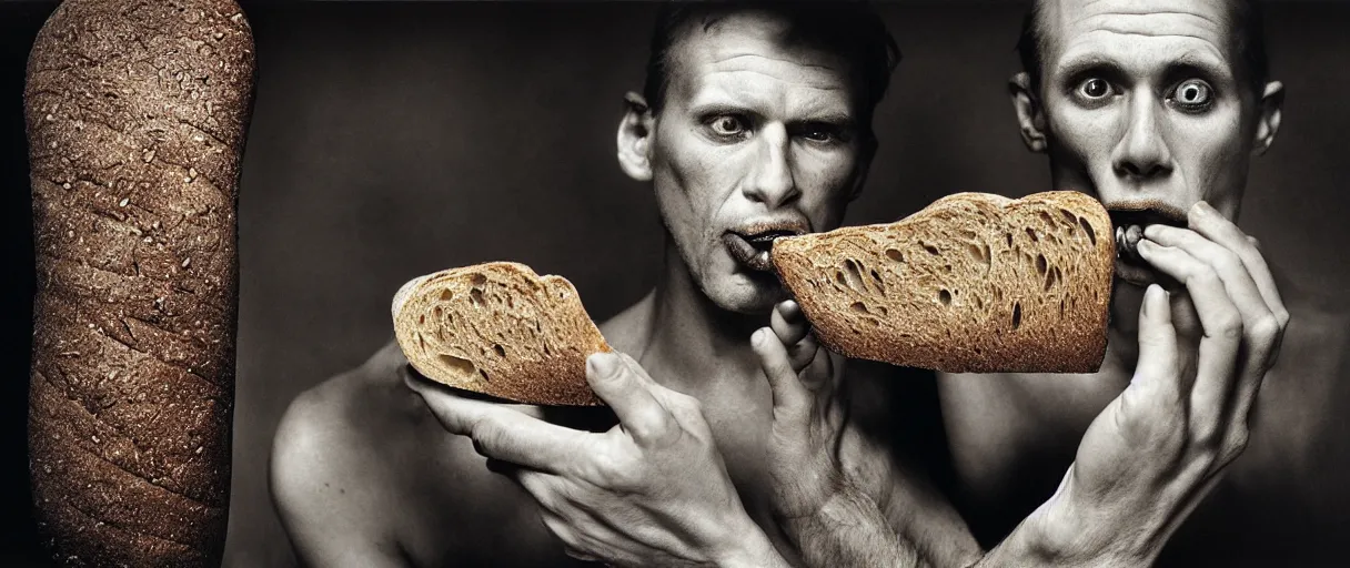 Prompt: award winning photo of a soulless man eating dry bread, vivid colors, happy, symmetrical face, beautiful eyes, studio lighting, wide shot art by sally mann & arnold newman