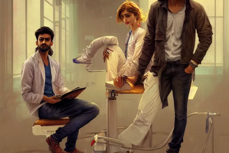 Image similar to Anxious good looking pale young Indian doctors wearing jeans inside a hospital, portrait, elegant, intricate, digital painting, artstation, concept art, smooth, sharp focus, illustration, art by artgerm and greg rutkowski and alphonse mucha