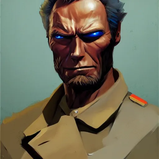 Prompt: greg manchess painting of clint eastwood as a team fortress 2 character, profile picture, matte painting, bold shapes, hard edges, street art, trending on artstation, by huang guangjian and gil elvgren and sachin teng