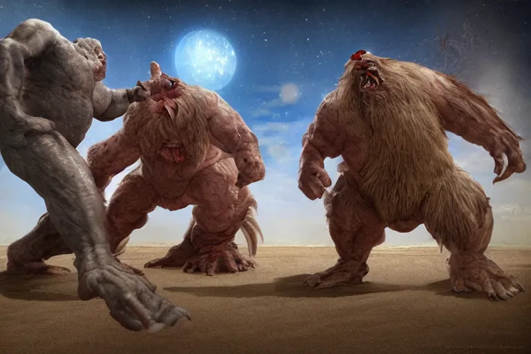 Image similar to photo, friends, man two old hairy fat ugly men! fighting alien monsters 4 0 5 4 7 on a beach, highly detailed, scary, intricate details, volumetric lighting, front view