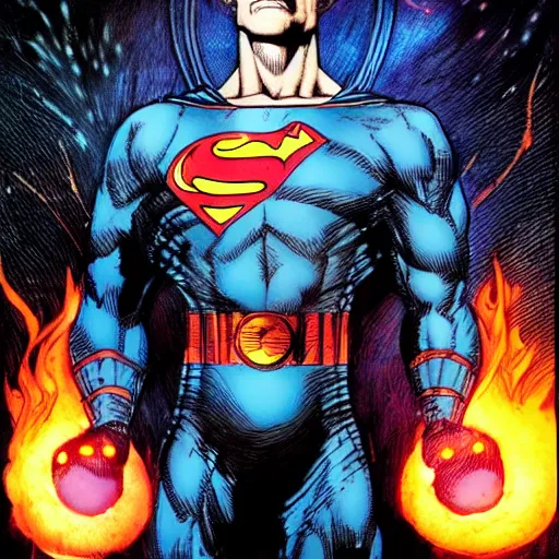 Image similar to a man in a blue suit standing in front of a fire ball, a comic book panel by jim lee, featured on deviantart, rayonism, dc comics, apocalypse art, parallax