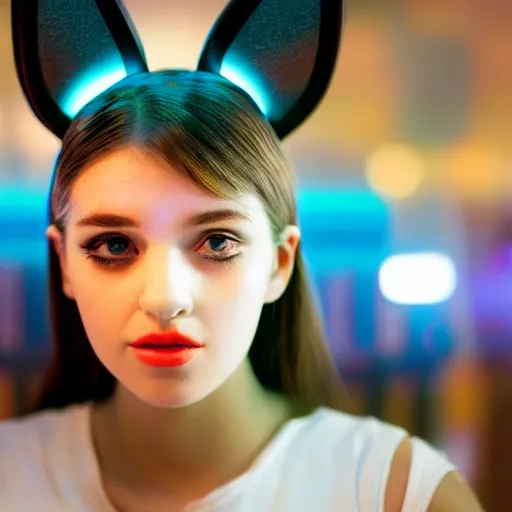 Image similar to Profile face angle of a cute young woman with robot ears and eyes, 4k, sharp focus, neon colored fluorescent lighting, Andreas Rocha