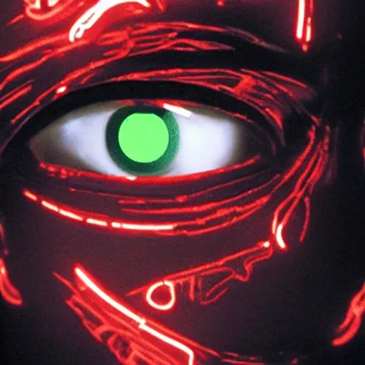 Image similar to a film still of a cyborg with glowing red eyes, artwork by caravaggio