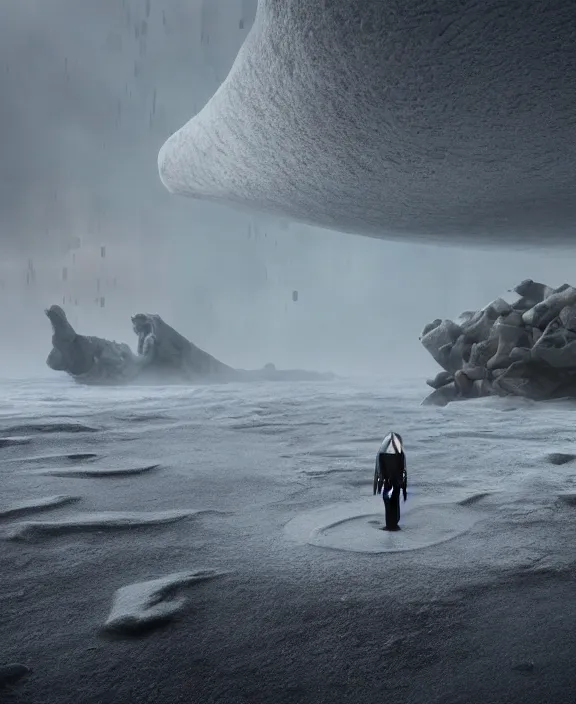 Image similar to surreal covenant deformation in the exploration, futuristic white architecture in the black sand beach in iceland, berserk, foggy, highly detailed, digital painting, arstation, concept art, hyperealistic octane render, unreal engine,