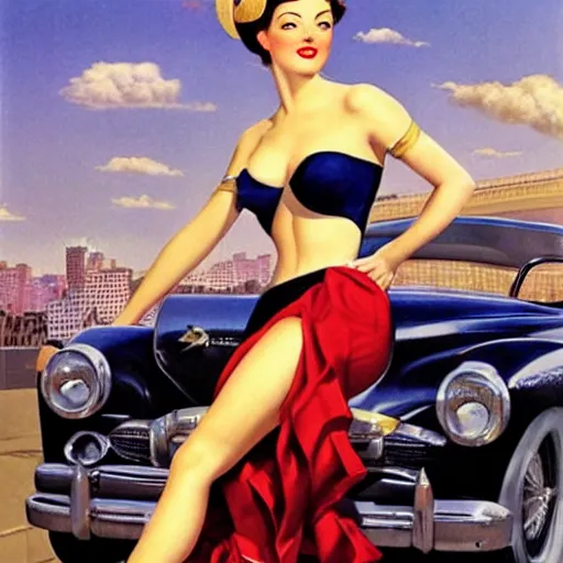 Image similar to woman, city, cars, by gil elvgren, olivia