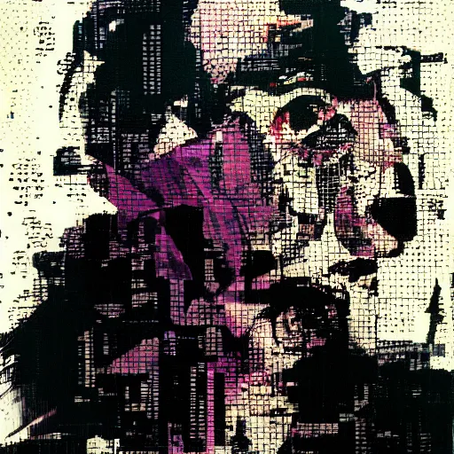 Image similar to the progressive rasterization of a bird, from a mechanical one into a pixel one, pink - noir oil on canvas by dave mckean and yoji shinkawa