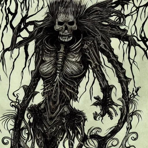 Prompt: ancient magus, fae, skulled creature with black fur, elegant, tendrils, forest, heavy fog, fantasy, ultra realistic