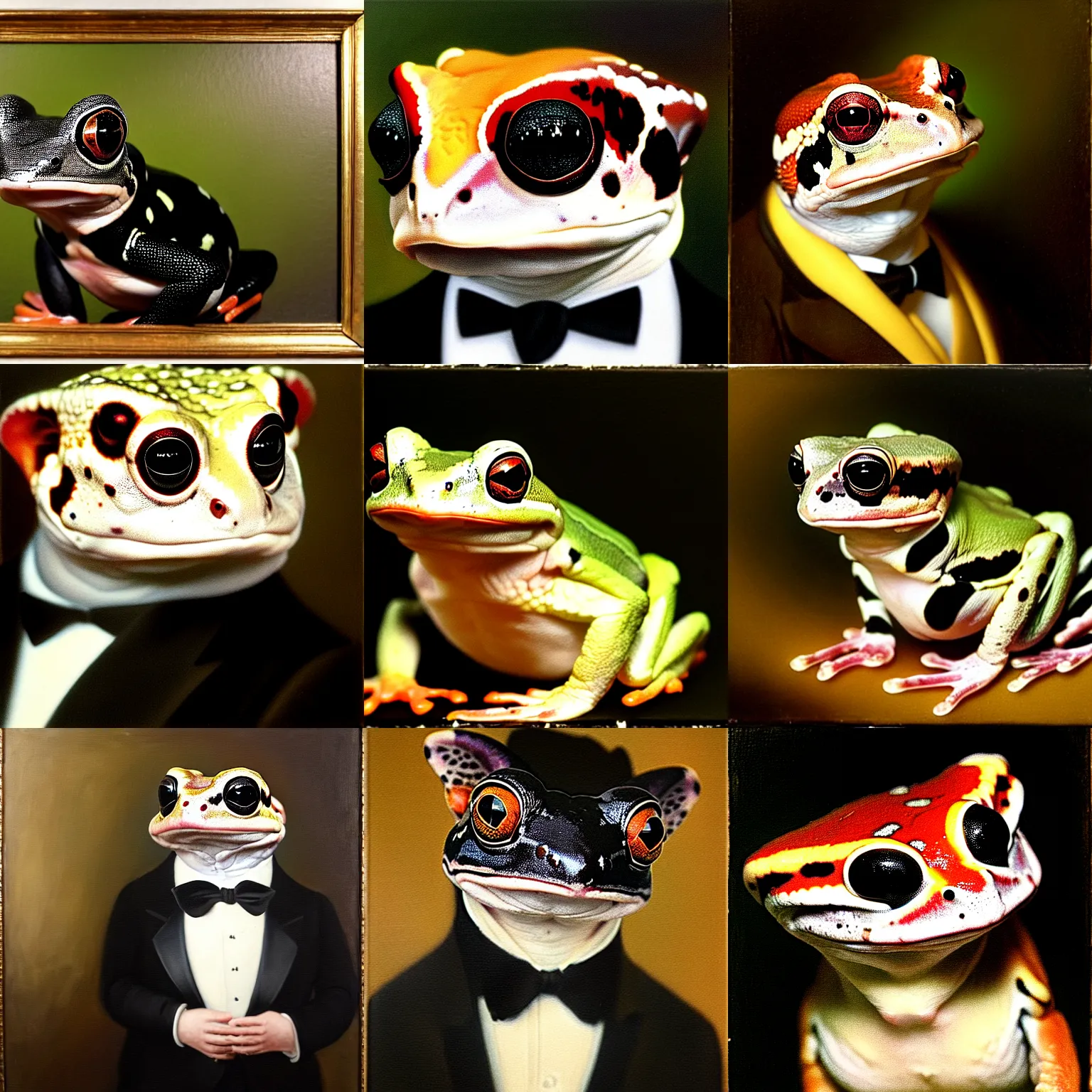Prompt: a head - and - shoulders portrait of an amazon milk frog wearing a black tuxedo looking off camera, an american romanticism painting, oil on canvas, cgsociety, soft focus