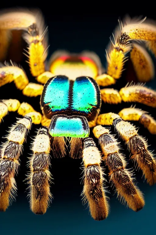 Image similar to high quality macro photo rococo iridescent tarantula! jewelled gorgeous! highly detailed david ligare elson peter cinematic blue neon lighting high quality low angle hd 8k sharp shallow depth of field