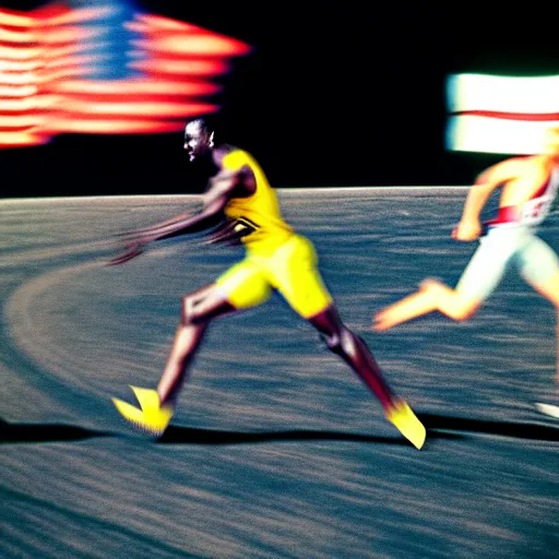 Image similar to usain bolt racing against an astronaut on the moon, kodachrome film