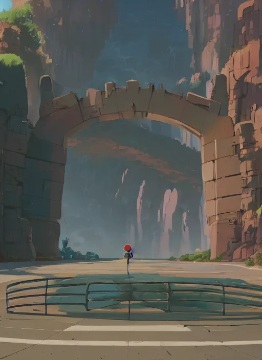 Image similar to warm canyon with giant gate entrance, nuclear powered, detailed, futuristic, cory loftis, james gilleard, atey ghailan, makoto shinkai, goro fujita, studio ghibli, rim light, exquisite lighting, clear focus, very coherent, plain background