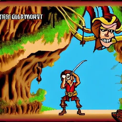 Image similar to monkey island game, guybrush swordfighting with jack sparrow