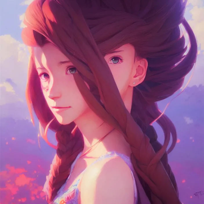 Image similar to super epically depicted color pencil portrait art of aerith gainsborough, by stephen bliss, greg rutkowski, loish, rhads, makoto shinkai and lois van baarle, ilya kuvshinov, rossdraws.