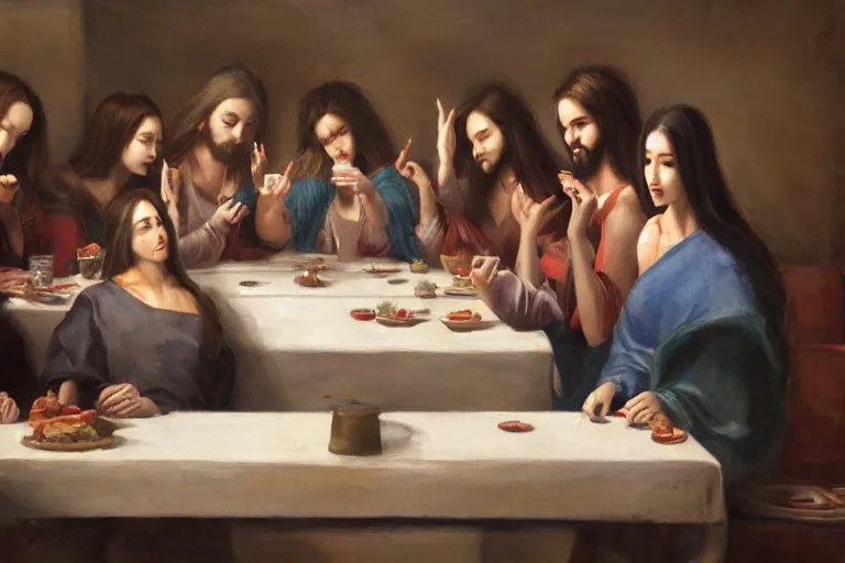 Prompt: the last supper by wlop, 12 beautiful women sitting by the table