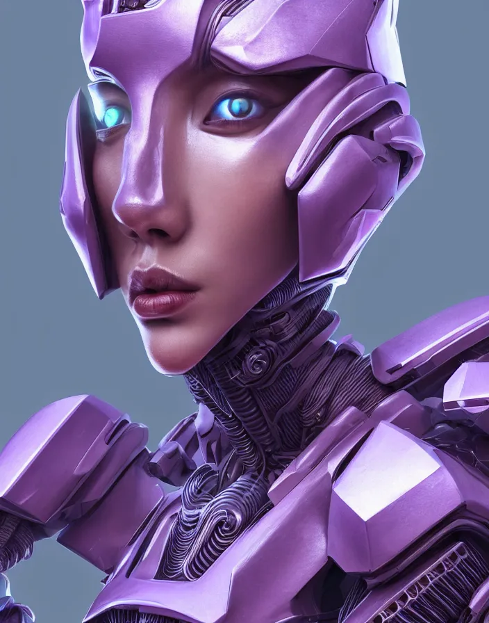 Image similar to beautiful portrait of friendly attractive alien cyborg, style of Feng Zhu, Artstation geometric, aesthetic, smooth skin, unique features, symmetrical, intricate crown, high fashion, streetwear, cyberpunk, detailed, octane render, cinematic, 8k, purple skin, brown skin