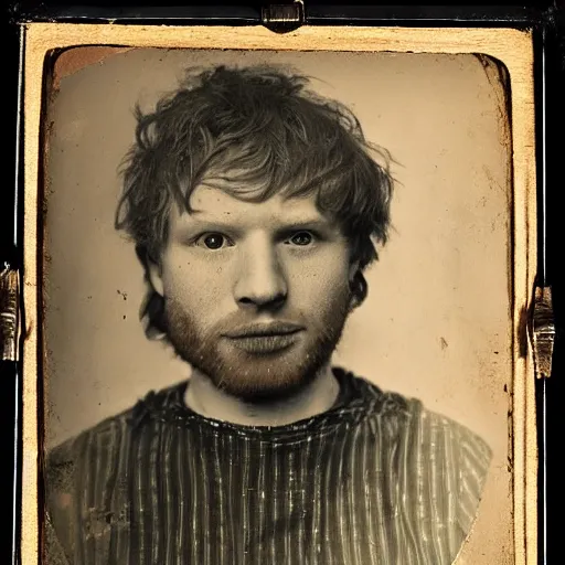 Image similar to daguerreotype ambrotype of scruffy - looking old ed sheeran in a dirty mining uniform, highly detailed,