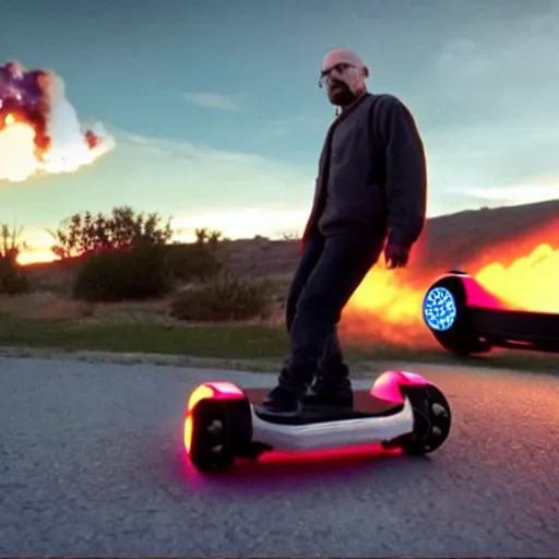 Prompt: photo of walter white standing on a hoverboard with an exploding car behind him, color, cinematic lighting